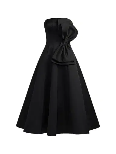 Mac Duggal Women's Satin Charmeuse Bow Strapless Midi Dress - Black | Thumbnail 1 Mac Duggal Women's Satin Charmeuse Bow Strapless Midi Dress - Black | Thumbnail 1