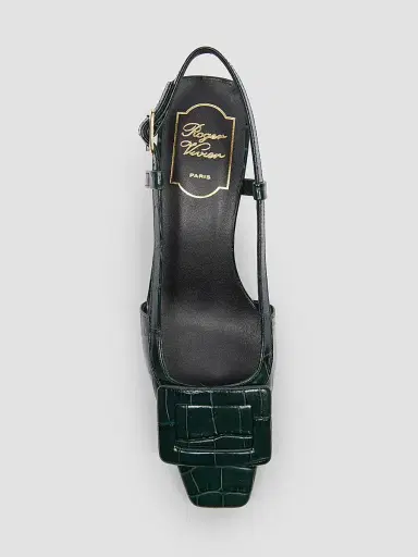 Roger Vivier Women's Belle Vivier 45MM Croc-Embossed Leather Slingback Pumps - Night Green | Thumbnail 4 Roger Vivier Women's Belle Vivier 45MM Croc-Embossed Leather Slingback Pumps - Night Green | Thumbnail 4