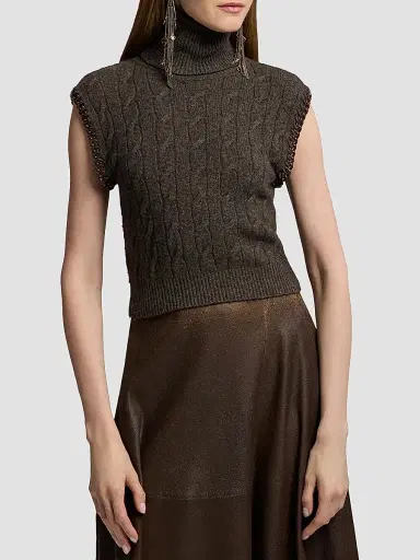 Ralph Lauren Collection Women's Cable-Knit Cashmere Turtleneck Top - Taupe Grey | Thumbnail 4 Ralph Lauren Collection Women's Cable-Knit Cashmere Turtleneck Top - Taupe Grey | Thumbnail 4