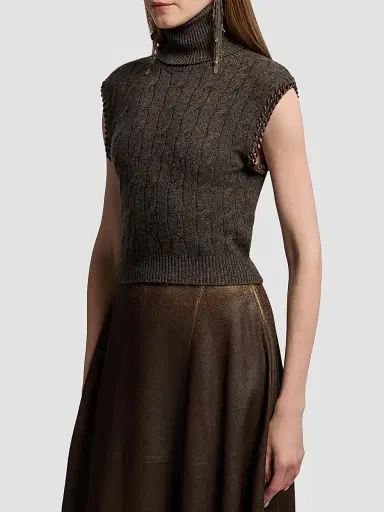 Ralph Lauren Collection Women's Cable-Knit Cashmere Turtleneck Top - Taupe Grey | Thumbnail 5 Ralph Lauren Collection Women's Cable-Knit Cashmere Turtleneck Top - Taupe Grey | Thumbnail 5