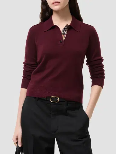 Burberry Women's Mandy Wool Long-Sleeve Polo Shirt - Grape Purple | Thumbnail 2 Burberry Women's Mandy Wool Long-Sleeve Polo Shirt - Grape Purple | Thumbnail 2
