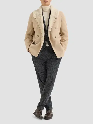 Brunello Cucinelli Men's Suede Curly Shearling Peacoat with Shawl Collar | Thumbnail 2 Brunello Cucinelli Men's Suede Curly Shearling Peacoat with Shawl Collar | Thumbnail 2