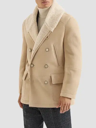 Brunello Cucinelli Men's Suede Curly Shearling Peacoat with Shawl Collar | Thumbnail 3 Brunello Cucinelli Men's Suede Curly Shearling Peacoat with Shawl Collar | Thumbnail 3