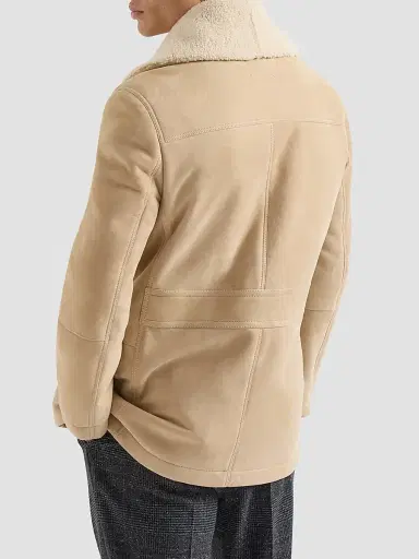 Brunello Cucinelli Men's Suede Curly Shearling Peacoat with Shawl Collar | Thumbnail 4 Brunello Cucinelli Men's Suede Curly Shearling Peacoat with Shawl Collar | Thumbnail 4