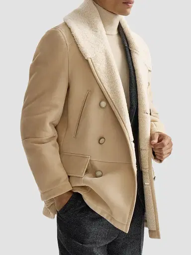 Brunello Cucinelli Men's Suede Curly Shearling Peacoat with Shawl Collar | Thumbnail 5 Brunello Cucinelli Men's Suede Curly Shearling Peacoat with Shawl Collar | Thumbnail 5