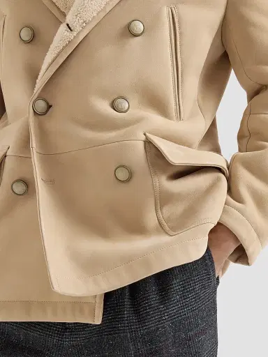 Brunello Cucinelli Men's Suede Curly Shearling Peacoat with Shawl Collar | Thumbnail 6 Brunello Cucinelli Men's Suede Curly Shearling Peacoat with Shawl Collar | Thumbnail 6