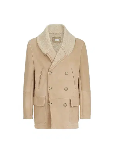 Brunello Cucinelli Men's Suede Curly Shearling Peacoat with Shawl Collar | Thumbnail 1 Brunello Cucinelli Men's Suede Curly Shearling Peacoat with Shawl Collar | Thumbnail 1