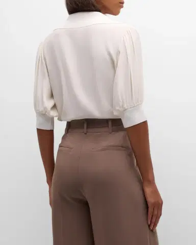 Cinq à Sept Weldon Collared V-Neck Short-Sleeve Silk Combo Top | Thumbnail 3 Cinq à Sept Weldon Collared V-Neck Short-Sleeve Silk Combo Top | Thumbnail 3