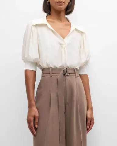 Cinq à Sept Weldon Collared V-Neck Short-Sleeve Silk Combo Top | Thumbnail 4 Cinq à Sept Weldon Collared V-Neck Short-Sleeve Silk Combo Top | Thumbnail 4