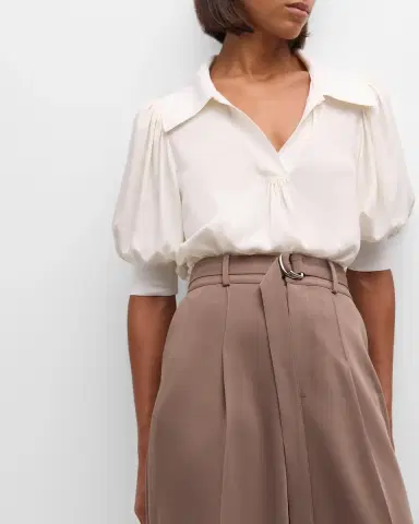 Cinq à Sept Weldon Collared V-Neck Short-Sleeve Silk Combo Top | Thumbnail 7 Cinq à Sept Weldon Collared V-Neck Short-Sleeve Silk Combo Top | Thumbnail 7