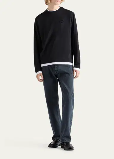 Prada Men's Tipped Cotton Long-Sleeve T-Shirt | Thumbnail 2 Prada Men's Tipped Cotton Long-Sleeve T-Shirt | Thumbnail 2