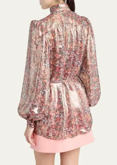 Valentino Garavani Metallic Floral Balloon-Sleeve Button-Down Shirt | Thumbnail 2 Valentino Garavani Metallic Floral Balloon-Sleeve Button-Down Shirt | Thumbnail 2
