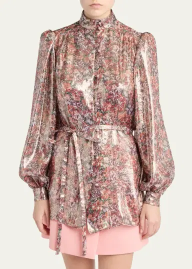 Valentino Garavani Metallic Floral Balloon-Sleeve Button-Down Shirt | Thumbnail 3 Valentino Garavani Metallic Floral Balloon-Sleeve Button-Down Shirt | Thumbnail 3