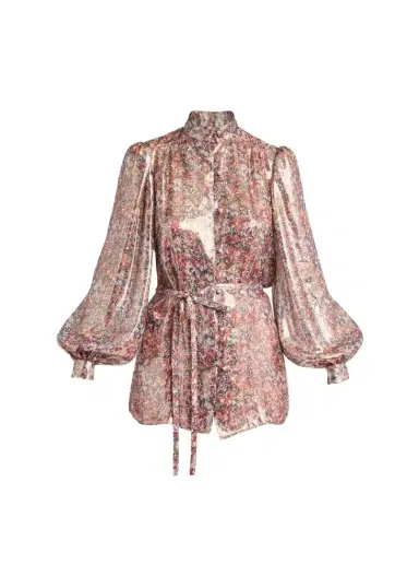Valentino Garavani Metallic Floral Balloon-Sleeve Button-Down Shirt | Thumbnail 1 Valentino Garavani Metallic Floral Balloon-Sleeve Button-Down Shirt | Thumbnail 1