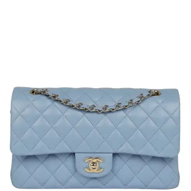 Chanel Chanel Medium Classic Double Flap Bag Light Blue Lambskin Light Gold Hardware | Thumbnail 1 Chanel Chanel Medium Classic Double Flap Bag Light Blue Lambskin Light Gold Hardware | Thumbnail 1