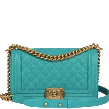 Chanel Pre-owned Chanel Medium Boy Bag Turquoise Caviar Antique Gold Hardware | Thumbnail 1 Chanel Pre-owned Chanel Medium Boy Bag Turquoise Caviar Antique Gold Hardware | Thumbnail 1