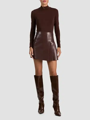 Alice + Olivia Women's Chara Mixed-Media Pleated-Skirt Mini Dress - Dark Chocolate | Thumbnail 2 Alice + Olivia Women's Chara Mixed-Media Pleated-Skirt Mini Dress - Dark Chocolate | Thumbnail 2