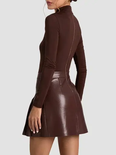 Alice + Olivia Women's Chara Mixed-Media Pleated-Skirt Mini Dress - Dark Chocolate | Thumbnail 3 Alice + Olivia Women's Chara Mixed-Media Pleated-Skirt Mini Dress - Dark Chocolate | Thumbnail 3