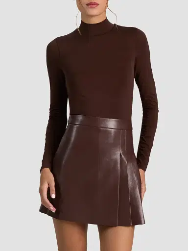 Alice + Olivia Women's Chara Mixed-Media Pleated-Skirt Mini Dress - Dark Chocolate | Thumbnail 4 Alice + Olivia Women's Chara Mixed-Media Pleated-Skirt Mini Dress - Dark Chocolate | Thumbnail 4