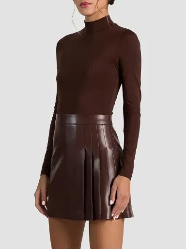 Alice + Olivia Women's Chara Mixed-Media Pleated-Skirt Mini Dress - Dark Chocolate | Thumbnail 5 Alice + Olivia Women's Chara Mixed-Media Pleated-Skirt Mini Dress - Dark Chocolate | Thumbnail 5