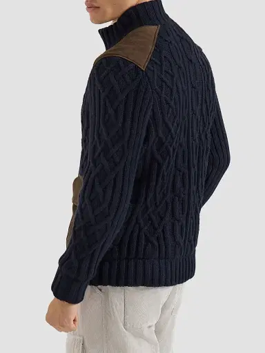 Brunello Cucinelli Men's Cable Knit Cardigan in Cashmere Feather with Suede Inserts | Thumbnail 4 Brunello Cucinelli Men's Cable Knit Cardigan in Cashmere Feather with Suede Inserts | Thumbnail 4