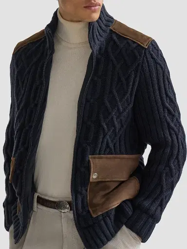 Brunello Cucinelli Men's Cable Knit Cardigan in Cashmere Feather with Suede Inserts | Thumbnail 5 Brunello Cucinelli Men's Cable Knit Cardigan in Cashmere Feather with Suede Inserts | Thumbnail 5