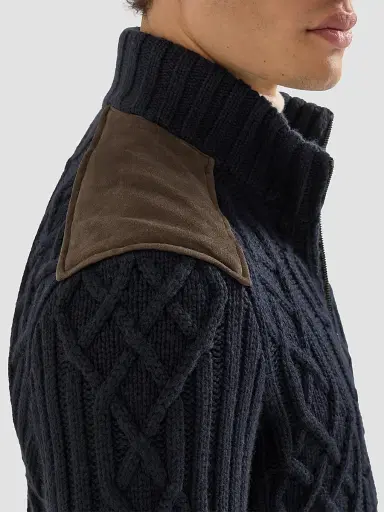 Brunello Cucinelli Men's Cable Knit Cardigan in Cashmere Feather with Suede Inserts | Thumbnail 6 Brunello Cucinelli Men's Cable Knit Cardigan in Cashmere Feather with Suede Inserts | Thumbnail 6