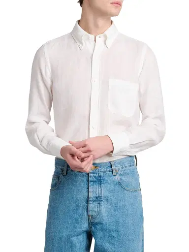 Thom Browne Men's Engineered 4-Bar Linen Straight-Fit Shirt - White | Thumbnail 3 Thom Browne Men's Engineered 4-Bar Linen Straight-Fit Shirt - White | Thumbnail 3