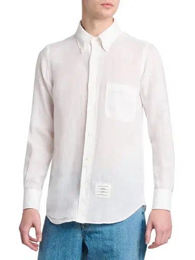 Thom Browne Men's Engineered 4-Bar Linen Straight-Fit Shirt - White | Thumbnail 4 Thom Browne Men's Engineered 4-Bar Linen Straight-Fit Shirt - White | Thumbnail 4