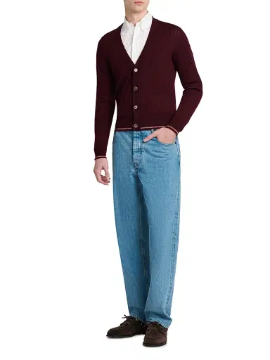 Thom Browne Men's RWB Striped Merino Wool Cardigan - Burgundy | Thumbnail 2 Thom Browne Men's RWB Striped Merino Wool Cardigan - Burgundy | Thumbnail 2