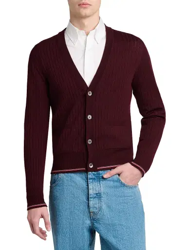Thom Browne Men's RWB Striped Merino Wool Cardigan - Burgundy | Thumbnail 3 Thom Browne Men's RWB Striped Merino Wool Cardigan - Burgundy | Thumbnail 3