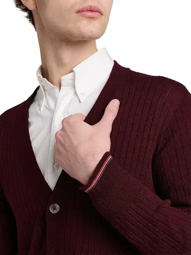 Thom Browne Men's RWB Striped Merino Wool Cardigan - Burgundy | Thumbnail 6 Thom Browne Men's RWB Striped Merino Wool Cardigan - Burgundy | Thumbnail 6