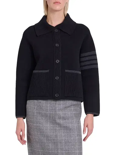 Thom Browne Women's -Bar Stripe Cotton Pique Hybrid Polo Jacket - Black | Thumbnail 3 Thom Browne Women's -Bar Stripe Cotton Pique Hybrid Polo Jacket - Black | Thumbnail 3