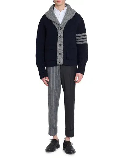 Thom Browne Men's Browne 65 Intarsia-Knit Irish Wool Cardigan - Navy | Thumbnail 2 Thom Browne Men's Browne 65 Intarsia-Knit Irish Wool Cardigan - Navy | Thumbnail 2