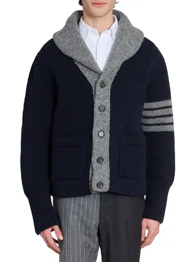 Thom Browne Men's Browne 65 Intarsia-Knit Irish Wool Cardigan - Navy | Thumbnail 3 Thom Browne Men's Browne 65 Intarsia-Knit Irish Wool Cardigan - Navy | Thumbnail 3