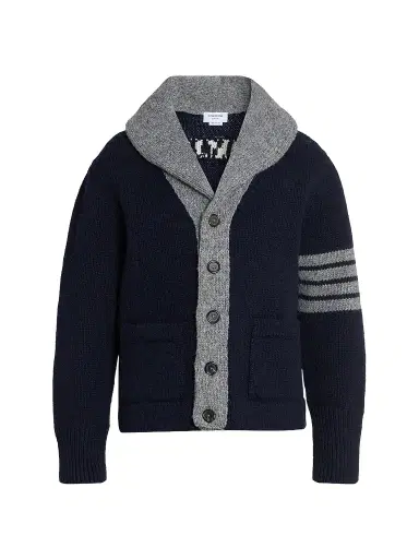 Thom Browne Men's Browne 65 Intarsia-Knit Irish Wool Cardigan - Navy | Thumbnail 1 Thom Browne Men's Browne 65 Intarsia-Knit Irish Wool Cardigan - Navy | Thumbnail 1