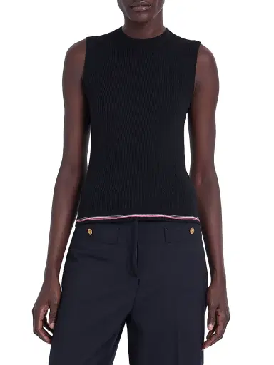 Thom Browne Women's RWB Stripe Wool Rib-Stitch Shell Top - Black | Thumbnail 3 Thom Browne Women's RWB Stripe Wool Rib-Stitch Shell Top - Black | Thumbnail 3