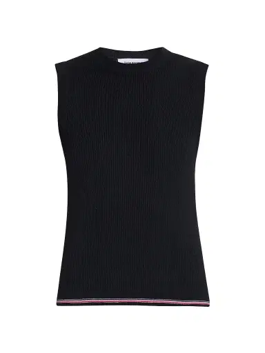 Thom Browne Women's RWB Stripe Wool Rib-Stitch Shell Top - Black | Thumbnail 1 Thom Browne Women's RWB Stripe Wool Rib-Stitch Shell Top - Black | Thumbnail 1
