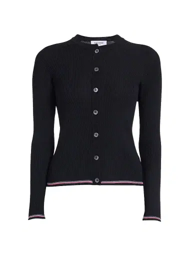 Thom Browne Women's RWB Rib-Stitch Wool Cardigan - Black | Thumbnail 1 Thom Browne Women's RWB Rib-Stitch Wool Cardigan - Black | Thumbnail 1