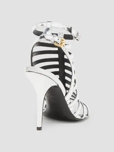MOSCHINO Women's 0MM Logo Lettering Stiletto Sandals - Silver | Thumbnail 3 MOSCHINO Women's 0MM Logo Lettering Stiletto Sandals - Silver | Thumbnail 3