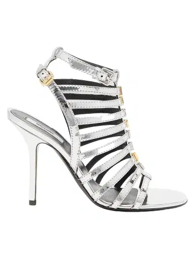 MOSCHINO Women's 0MM Logo Lettering Stiletto Sandals - Silver | Thumbnail 1 MOSCHINO Women's 0MM Logo Lettering Stiletto Sandals - Silver | Thumbnail 1