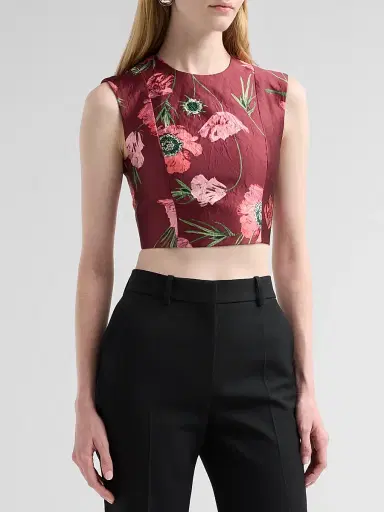 Erdem Women's Floral Textured Satin Crop Top - Ruby Red | Thumbnail 4 Erdem Women's Floral Textured Satin Crop Top - Ruby Red | Thumbnail 4