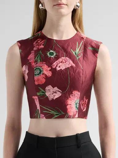 Erdem Women's Floral Textured Satin Crop Top - Ruby Red | Thumbnail 5 Erdem Women's Floral Textured Satin Crop Top - Ruby Red | Thumbnail 5