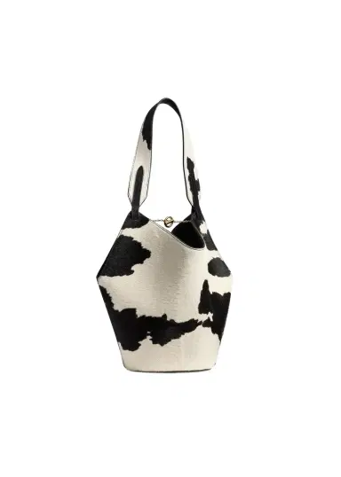 Khaite Mini Lotus Tote In Cow Print Haircalf/black Suede | Thumbnail 1 Khaite Mini Lotus Tote In Cow Print Haircalf/black Suede | Thumbnail 1