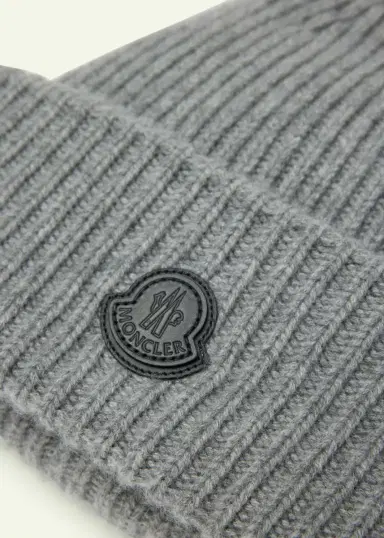Moncler Men's Cashmere Rib Leather-Logo Beanie Hat | Thumbnail 2 Moncler Men's Cashmere Rib Leather-Logo Beanie Hat | Thumbnail 2