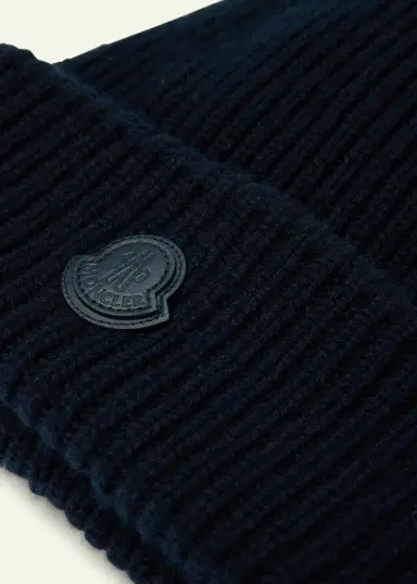 Moncler Men's Cashmere Rib Leather-Logo Beanie Hat | Thumbnail 3 Moncler Men's Cashmere Rib Leather-Logo Beanie Hat | Thumbnail 3