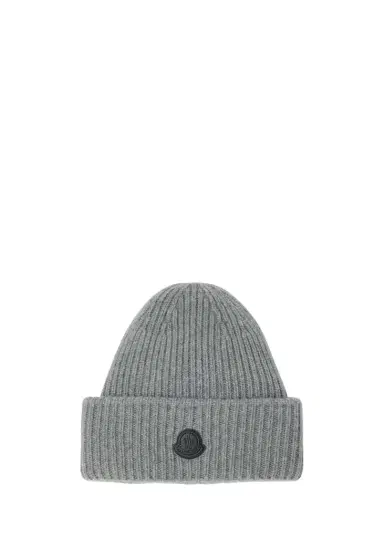 Moncler Men's Cashmere Rib Leather-Logo Beanie Hat | Thumbnail 1 Moncler Men's Cashmere Rib Leather-Logo Beanie Hat | Thumbnail 1