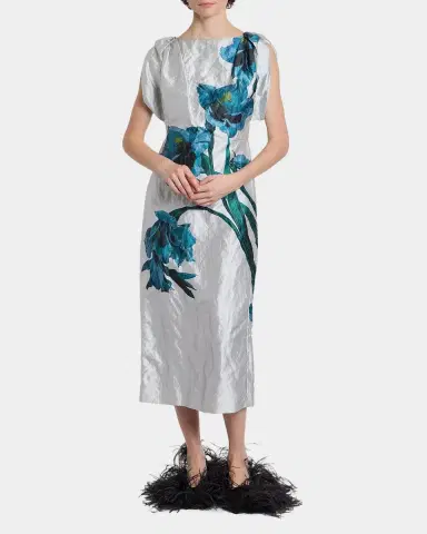 Erdem Floral Textured Satin Twisted-Shoulder Midi Dress | Thumbnail 2 Erdem Floral Textured Satin Twisted-Shoulder Midi Dress | Thumbnail 2