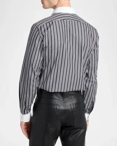 Tom Ford Men's Cotton Multi-Stripe Contrast-Trim Sport Shirt | Thumbnail 3 Tom Ford Men's Cotton Multi-Stripe Contrast-Trim Sport Shirt | Thumbnail 3