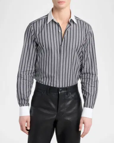 Tom Ford Men's Cotton Multi-Stripe Contrast-Trim Sport Shirt | Thumbnail 4 Tom Ford Men's Cotton Multi-Stripe Contrast-Trim Sport Shirt | Thumbnail 4